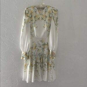 ANTONIO MELANI White Floral Long-Sleeve Tiered Dress with Yellow Accents, Size 0